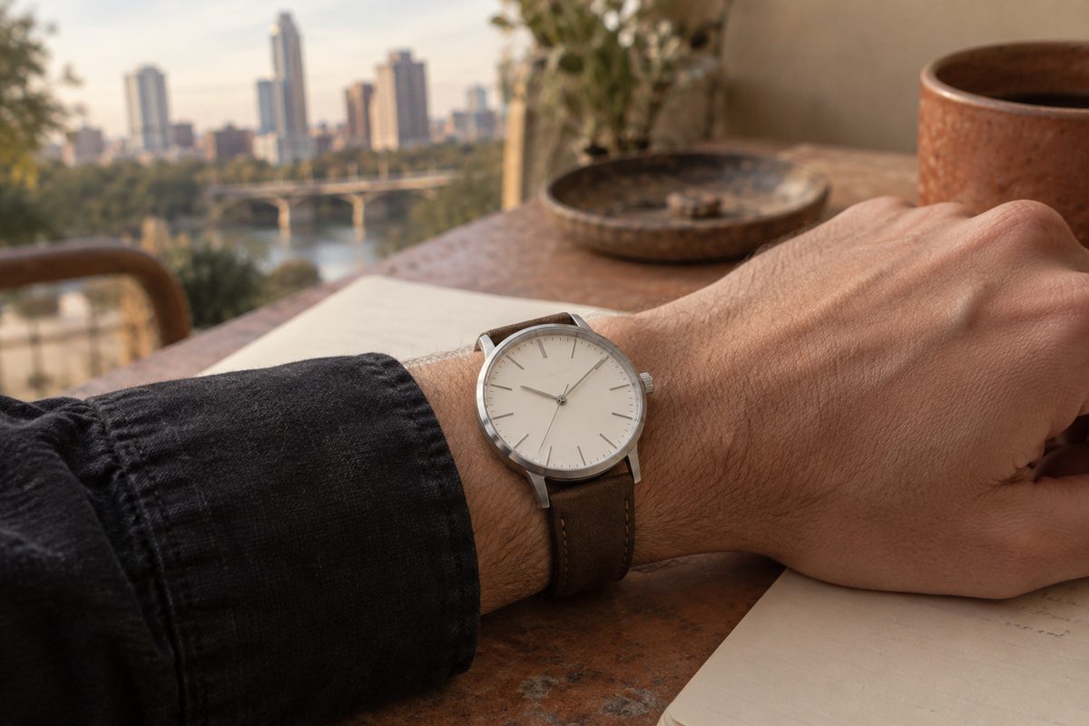 Arc 40 watch worn with a dark cotton cuff