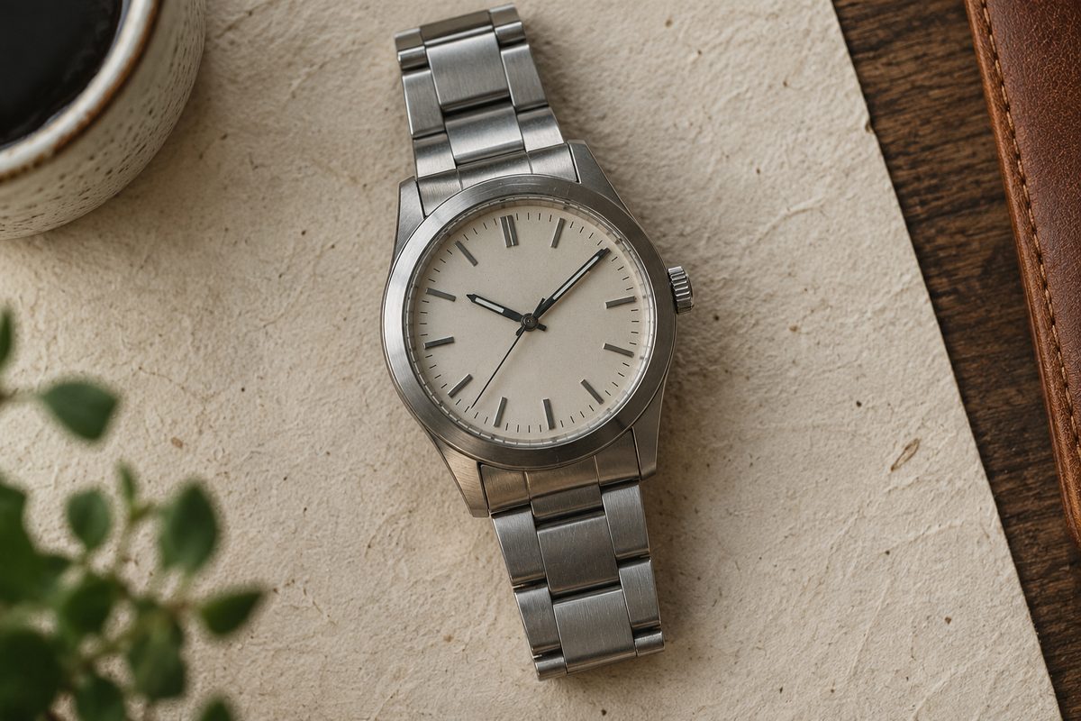 Brushed steel watch case in top-down view